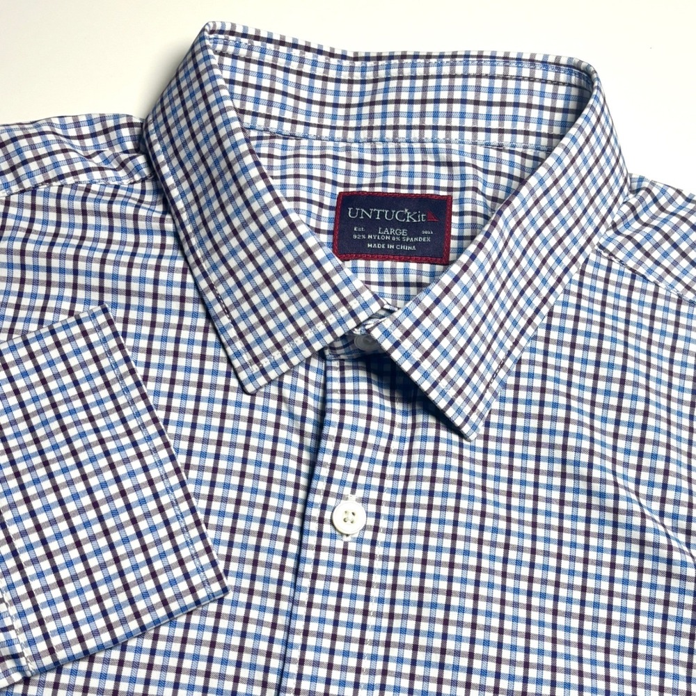 UNTUCKit Sheldrake Performance Mens L Purple Blue Check  Stretch Button Down
